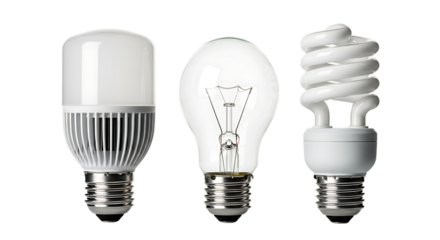 Three Different Types of Light Bulbs on Black Background isolated on a transparent background
