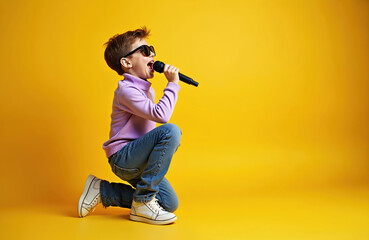 Small child with stylish sunglasses sings loudly into black microphone. Young boy performs with full enthusiasm on bright yellow background. Kid enjoys music, expressing happy, confident mood. Acts