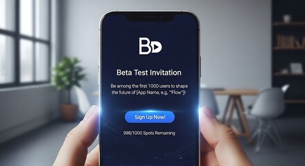 User holding a smartphone with a beta test invitation for a new mobile application, illustrating early access and software development