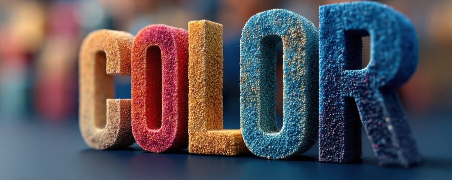 Colorful powder letters form bold 3D typography with glowing particles against a moody blue background