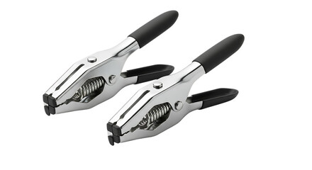 Two metal alligator clips with black handles isolated on a transparent background