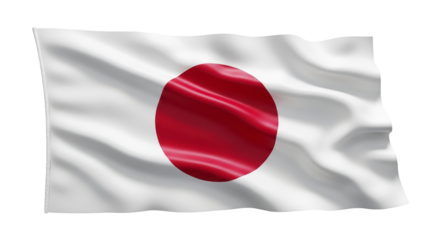 Iconic red sun disc on white of the national flag of Japan, flying smoothly on a transparent PNG background (जापान झंडा)