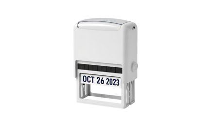 White Automatic Date Stamp with October 26 2023 Imprint isolated on a transparent background