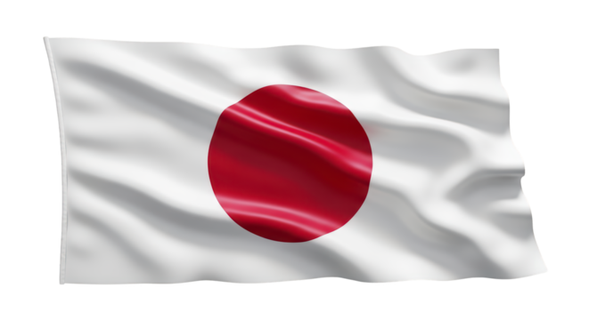 Iconic red sun disc on white of the national flag of Japan, flying smoothly on a transparent PNG background (जापान झंडा)