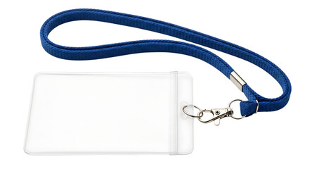 White ID card holder with blue lanyard on black background isolated on a transparent background