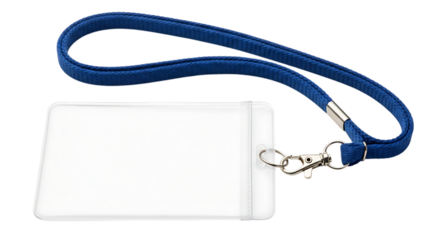 White ID card holder with blue lanyard on black background isolated on a transparent background