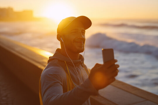 Male Athlete Recording Selfie with Smartphone at Sunset by the Ocean