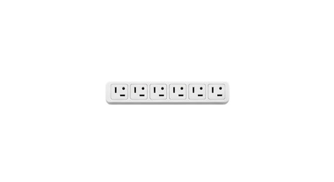 White power strip with six outlets isolated on a transparent background