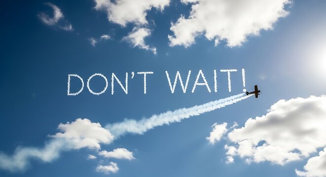 A single-engine aerobatic airplane leaves a trail of white smoke across a bright blue sky, symbolizing a powerful motivational message about seizing the day and taking action now