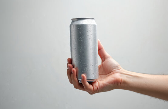 Hand holds cold aluminum drink with condensation drops. 330ml silver blank ready for branding design mockup. Refreshing beverage package isolated on light grey background. Perfect for product