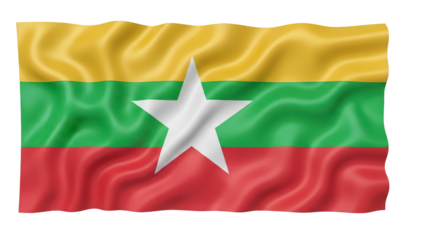 Waving flag of the Republic of the Union of Myanmar, realistic cloth texture and high-resolution transparent PNG (म्यांमार झंडा)