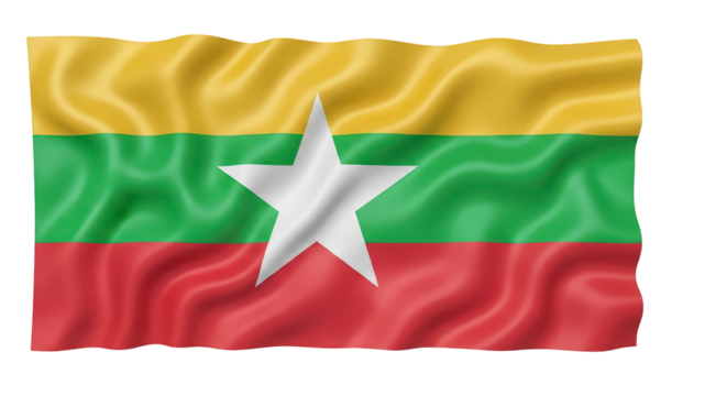 Waving flag of the Republic of the Union of Myanmar, realistic cloth texture and high-resolution transparent PNG (म्यांमार झंडा)