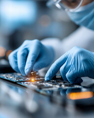 Fototapeta premium A scientist is working on a computer keyboard with a blue glove on his left hand