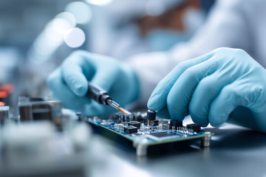 A man is working on a circuit board with a soldering iron