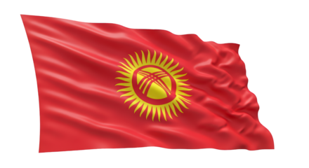 Dynamic waving flag of the Kyrgyz Republic with its sun emblem, isolated realistic cloth texture transparent PNG 4K (किर्गिस्तान झंडा)