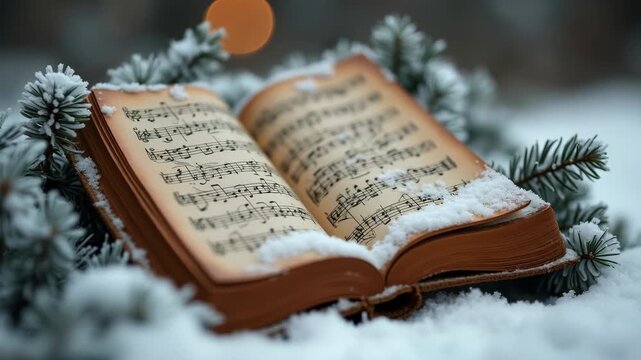 A close-up of a vintage carol music book in the snow
