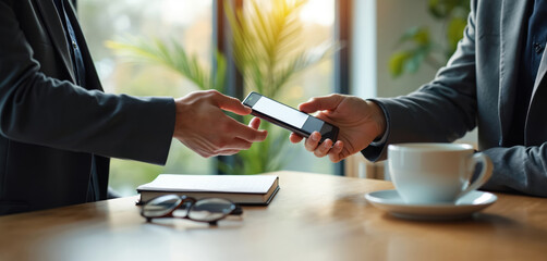Two business people exchange contact info using smartphone app. One holds phone, prepares to scan QR code tap device. Meet at modern office cafe table with coffee, notebook, eyeglasses. Digital