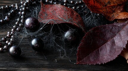 Gothic still life: autumn leaves, cobwebs, black pearls — dark elegance in moody, textured detail.