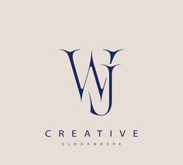 Sophisticated and stylish letter logo design featuring the combination of the letters W and J in dark blue color scheme perfect for branding stationery website headers or social media graphics
