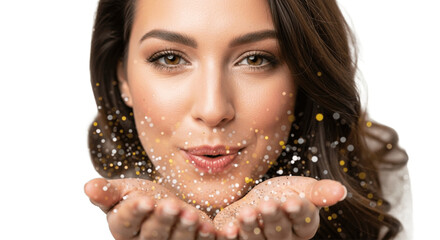 Glamorous Woman Blowing Glitter Sparkles on Transparent Background