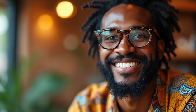 Happy black man with dreadlocks, full beard smiles directly at camera. Wears stylish modern glasses, vibrant patterned shirt. Joyful adult person looks confident, positive, friendly, completely - Powered by Adobe