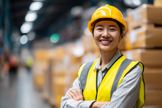 A woman wearing a yellow safety vest and a hard hat is smiling - Powered by Adobe