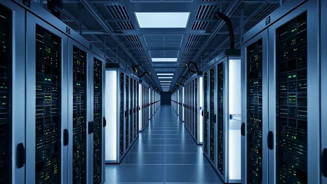 Data Center Server Room Corridor with Servers and Lights.