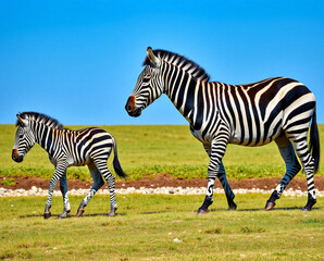 Fototapeta premium Adult and baby zebra walking in a grassy field Keywords: zebra, animal, wildlife, nature, Africa