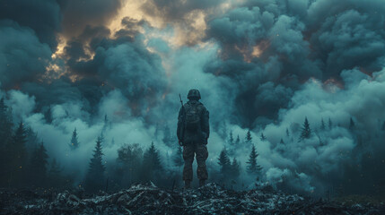 Obraz premium Soldier in army uniform stands amid smoky forest battlefield, guns ready, on alert in a warzone, reflecting the tense, apocalyptic atmosphere of defense, survival, and combat readiness.