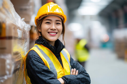 A woman wearing a yellow safety vest and a hard hat is smiling