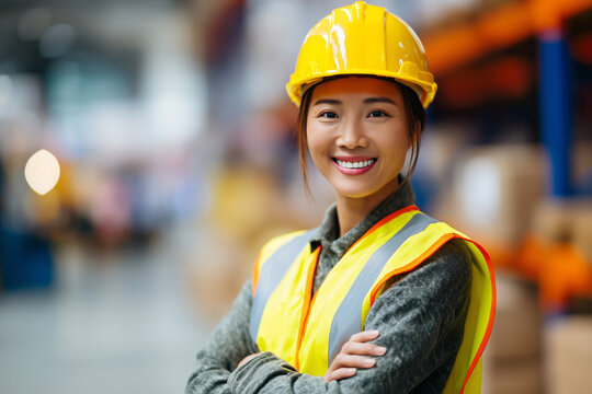 A woman wearing a yellow safety vest and a hard hat is smiling - Powered by Adobe