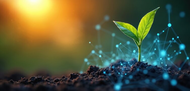 Young plant sprouts from soil with digital network connections. Sun shines on growing seedling. Tech innovation in organic farming and agriculture.