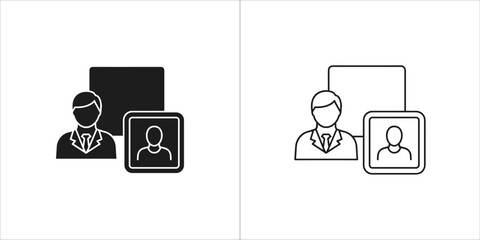 Line art icon of a business team member with a presentation screen