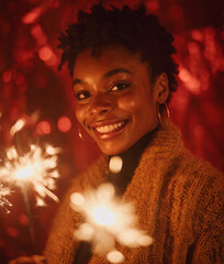 Happy beautiful young black woman celebrating Christmas with sparklers	
