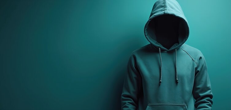 Anonymous person wears dark teal hoodie with face hidden in shadow. Mysterious faceless figure hacker criminal. Concept of cybersecurity crime, protest. Minimalist banner with copy space for