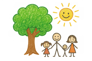 Children's crayon drawing showing a cheerful family portrait with parents, two kids standing under a tree and a smiling sun