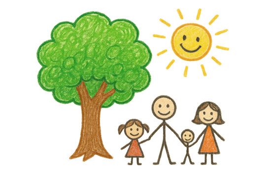 Children's crayon drawing showing a cheerful family portrait with parents, two kids standing under a tree and a smiling sun - Powered by Adobe