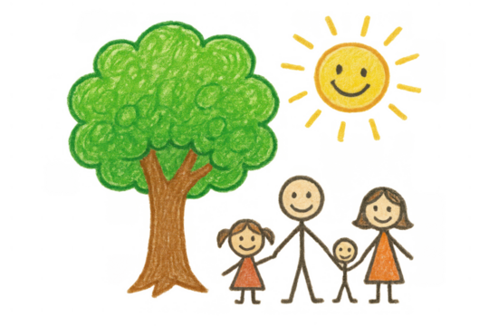 Children's crayon drawing showing a cheerful family portrait with parents, two kids standing under a tree and a smiling sun