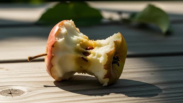 Eaten Apple Core on Wooden Table in Sunlight.