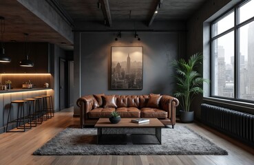 Fototapeta premium Stylish modern industrial loft living room with brown leather sofa, coffee table, grey rug, green plant. Large window shows urban city view cityscape. Open plan kitchen area features bar stools.