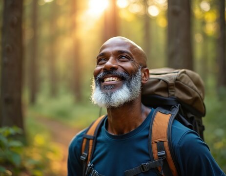 Senior Black man with backpack hikes in green forest. Smiles, looks up at golden sunlight through tall trees. Happy old guy enjoys nature walk, outdoor sport, healthy lifestyle. Adventure travel,