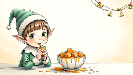 Young elf enjoying caramel treats at a festive table setting  