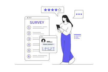 Online survey concept. Woman fill checklist, online survey questionnaire, poll, opinion or customer feedback. Flat Cartoon Vector Illustration, icon Stylish abstract design landing page web
