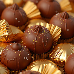 Chocolate truffles wrapped in gold foil with delicate decorations  