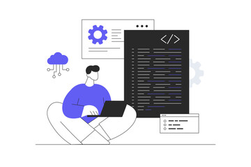 Software development, programming, coding. Programmer and IT specialist at workplace with laptop, develop mobile application or program. Flat Cartoon Vector Illustration, icon Stylish abstract design 