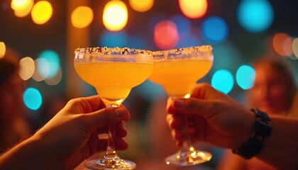 Fototapeta premium Two hands clink bright yellow margarita glasses. Friends toast iced cocktails with spicy salt rims at vibrant outdoor night party. Guests celebrate special event, enjoy festive mood, happy moments,