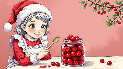 Young girl in Santa hat enjoying cherries in jar for Christmas  
