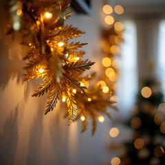 Christmas Magic: Golden garland with fairy lights adorning a cozy indoor space  