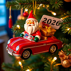 Christmas Roadster: Santa Claus ornament driving red car with gifts hanging on Christmas tree  
