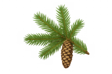 Green fir tree branch with a ripe brown pine cone, representing natural festive evergreen decor